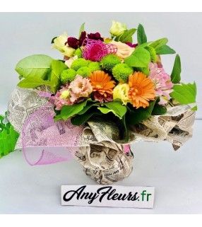 Bouquet Rond Multicouleurs avec Roses gros boutons "Anisette". AnyFleurs.fr