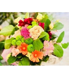 Bouquet Rond Multicouleurs avec Roses gros boutons "Anisette". AnyFleurs.fr