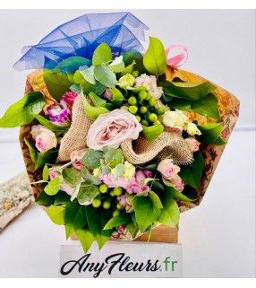 Bouquet de Fleurs Roses et vertes de forme ronde"L'enchanteur". Anyfleurs.fr