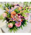 Bouquet Rond Coloré avec roses gros boutons et lys "Soleil couchant". Any fleurs.fr