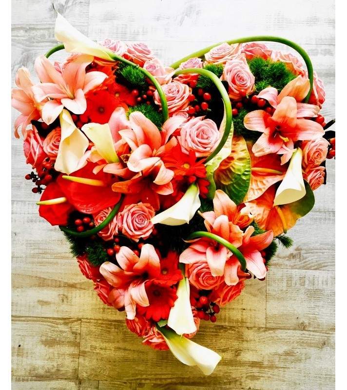 Coeur Fleurs Variées Roses "Hommage". AnyFleurs.fr