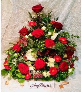 Devant de Cercueil avec roses rouges gros boutons "En rouge et Blanc". AnyFleurs.fr